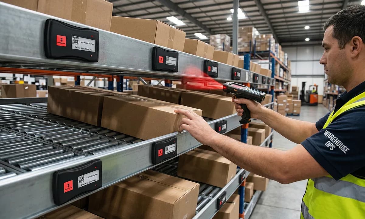 Warehouse worker scanning packages on roller shelves with Hero Bot devices